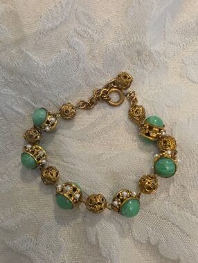 Vintage Robert Goossens For Tiffany  Filigree Green  Chrysoprase   Bracelet 8.5